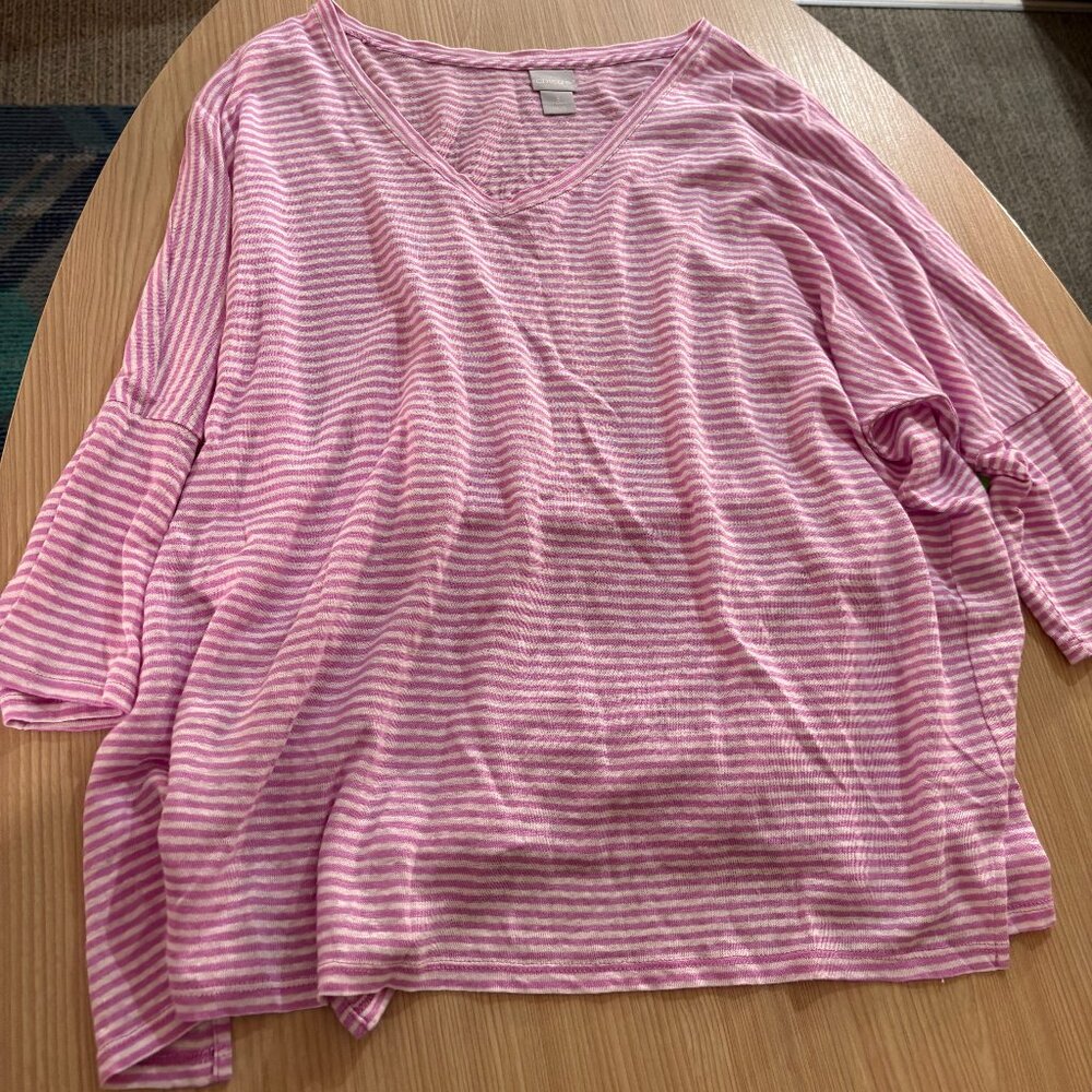 Chico's Pink and White Striped V-Neck Top
